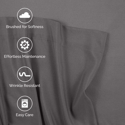 Gray fabric with text and icons indicating features like 'Brushed for Softness', 'Effortless Maintenance', 'Wrinkle Resistant', and 'Easy Care'.