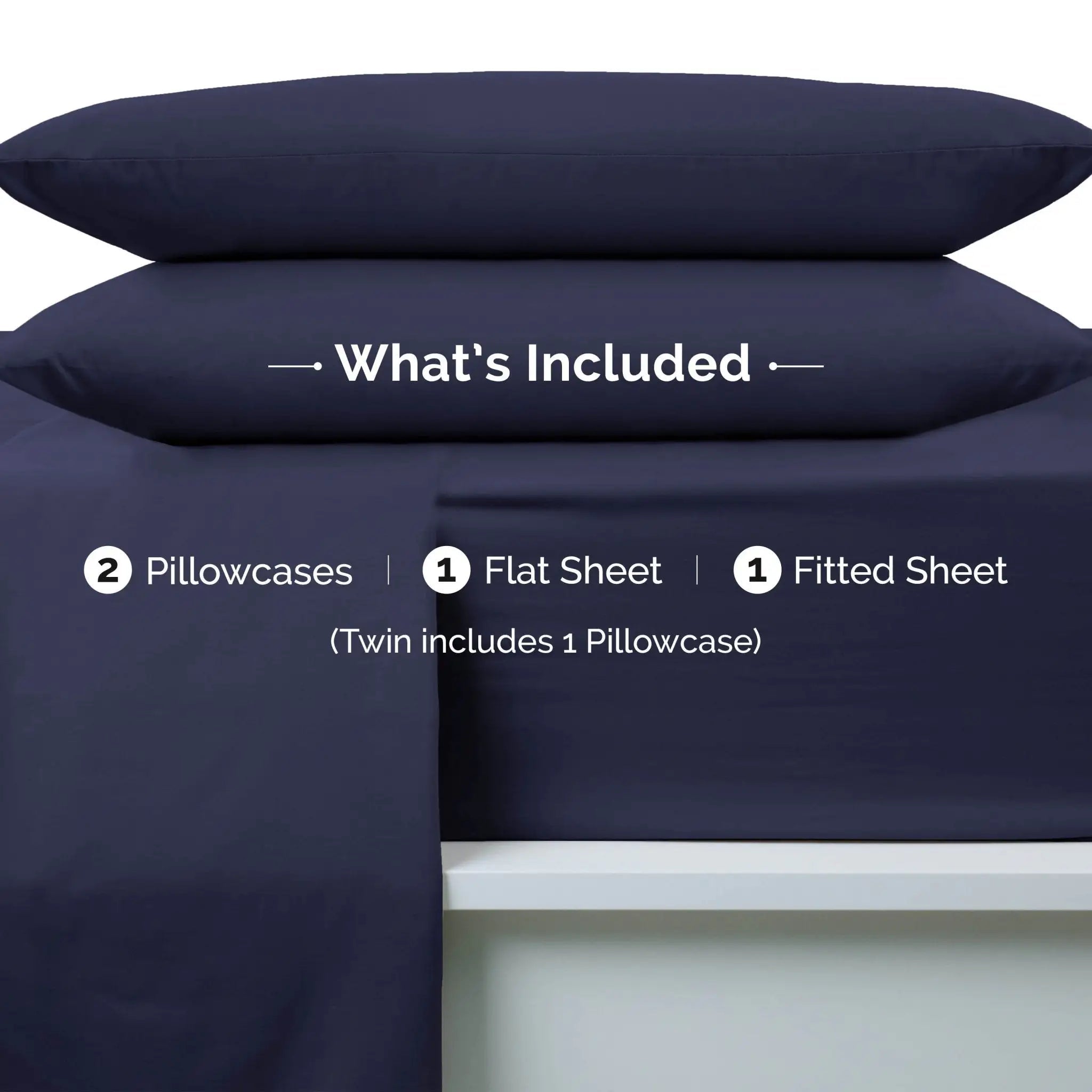 Navy blue bedding set with two pillowcases, a flat sheet, and a fitted sheet on a white background.
