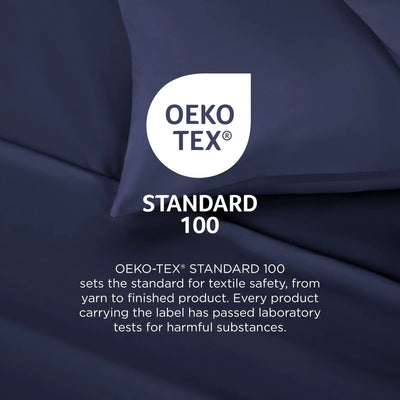 Navy fabric background with a white OEKO-TEX Standard 100 certification logo and explanatory text about textile safety.