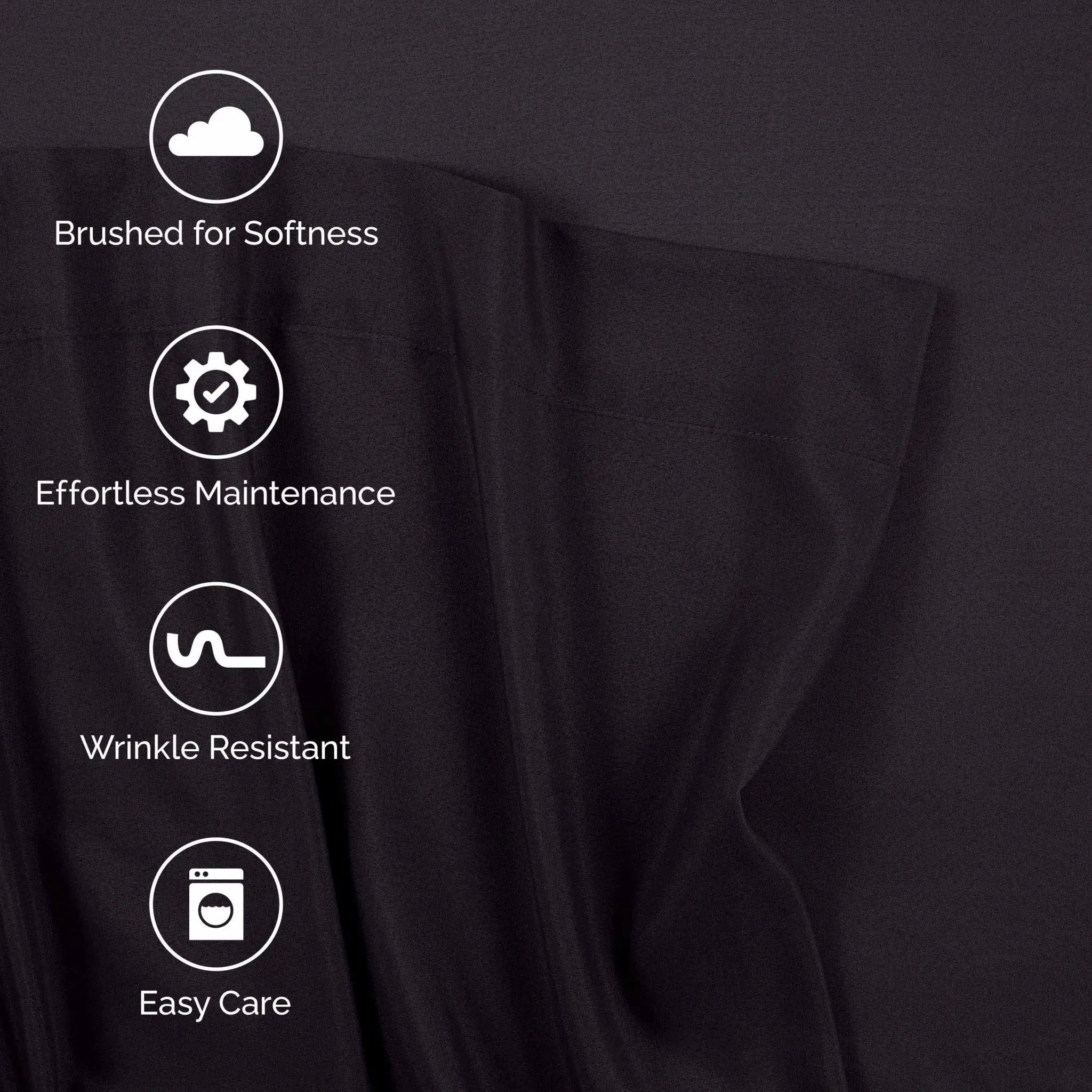 Black fabric with text and icons indicating features like softness, maintenance, wrinkle resistance, and care.