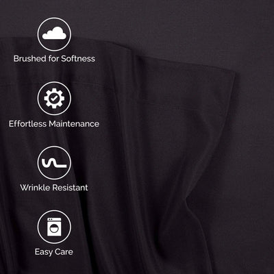 Black fabric with text and icons indicating features like softness, maintenance, wrinkle resistance, and care.