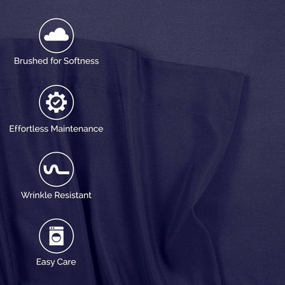 Navy fabric with white text and icons highlighting features: 'Brushed for Softness,' 'Effortless Maintenance,' 'Wrinkle Resistant,' and 'Easy Care.'.