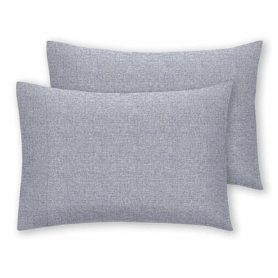 Two rectangular throw pillows in a heathered light blue-gray fabric, arranged with one slightly behind the other on a plain white background.