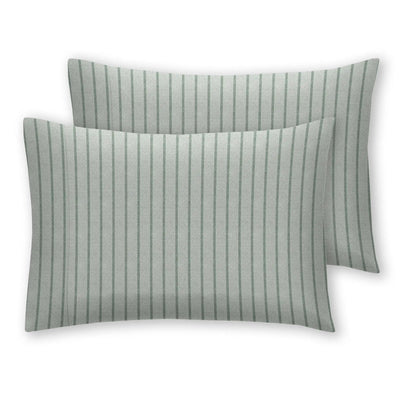 Two rectangular throw pillows with a sage green and gray vertical pinstripe pattern, shown on a clean white background.
