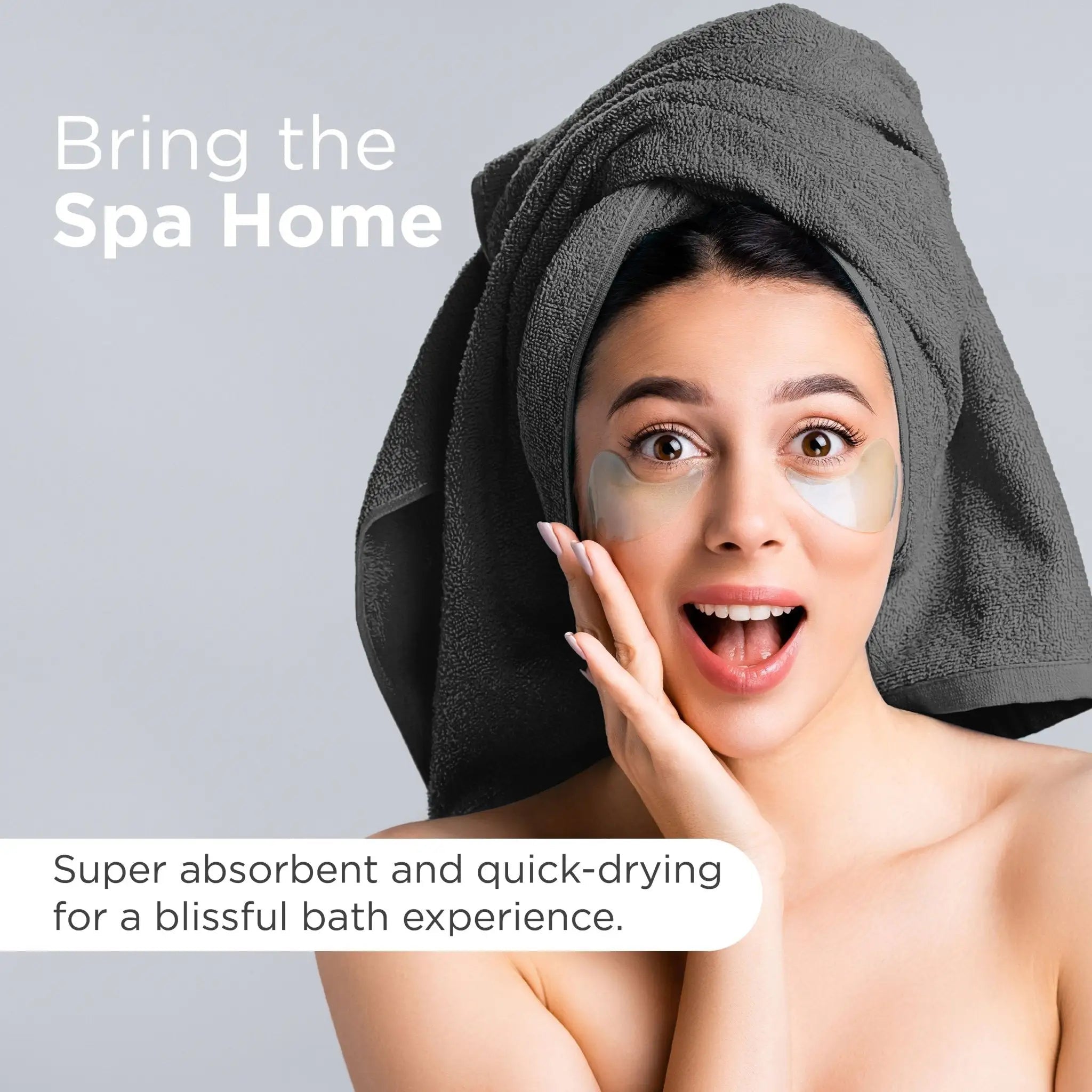 Woman with charcoal colored towel on head and eye patches, text 'Bring the Spa Home' and product description.