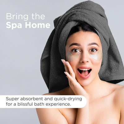 Woman with charcoal colored towel on head and eye patches, text 'Bring the Spa Home' and product description.