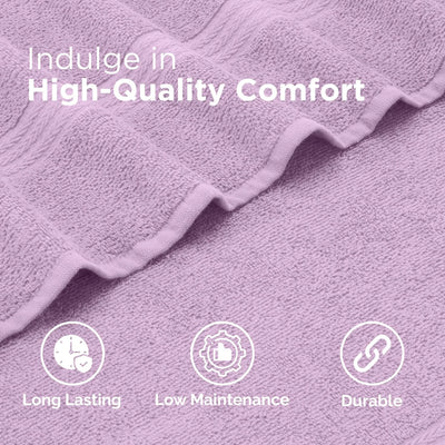 Lilac textured fabric with 'Indulge in High-Quality Comfort' text and icons indicating long-lasting, low-maintenance, and durable properties.