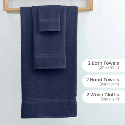 Set of navy bath towels, hand towels, and wash cloths on a wooden rack with dimensions displayed.