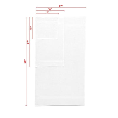 White towel set with dimension lines and measurements.