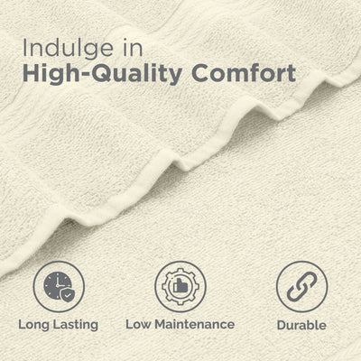 Text 'Indulge in High-Quality Comfort' with icons and text 'Long Lasting', 'Low Maintenance', 'Durable' on a textured ivory background.