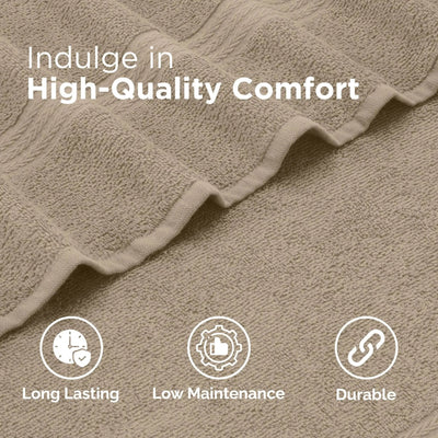 Close-up of a soft beige textured fabric with a folded ruffled edge and overlaid text reading 'Indulge in High-Quality Comfort' plus icons for long lasting, low maintenance, and durable.