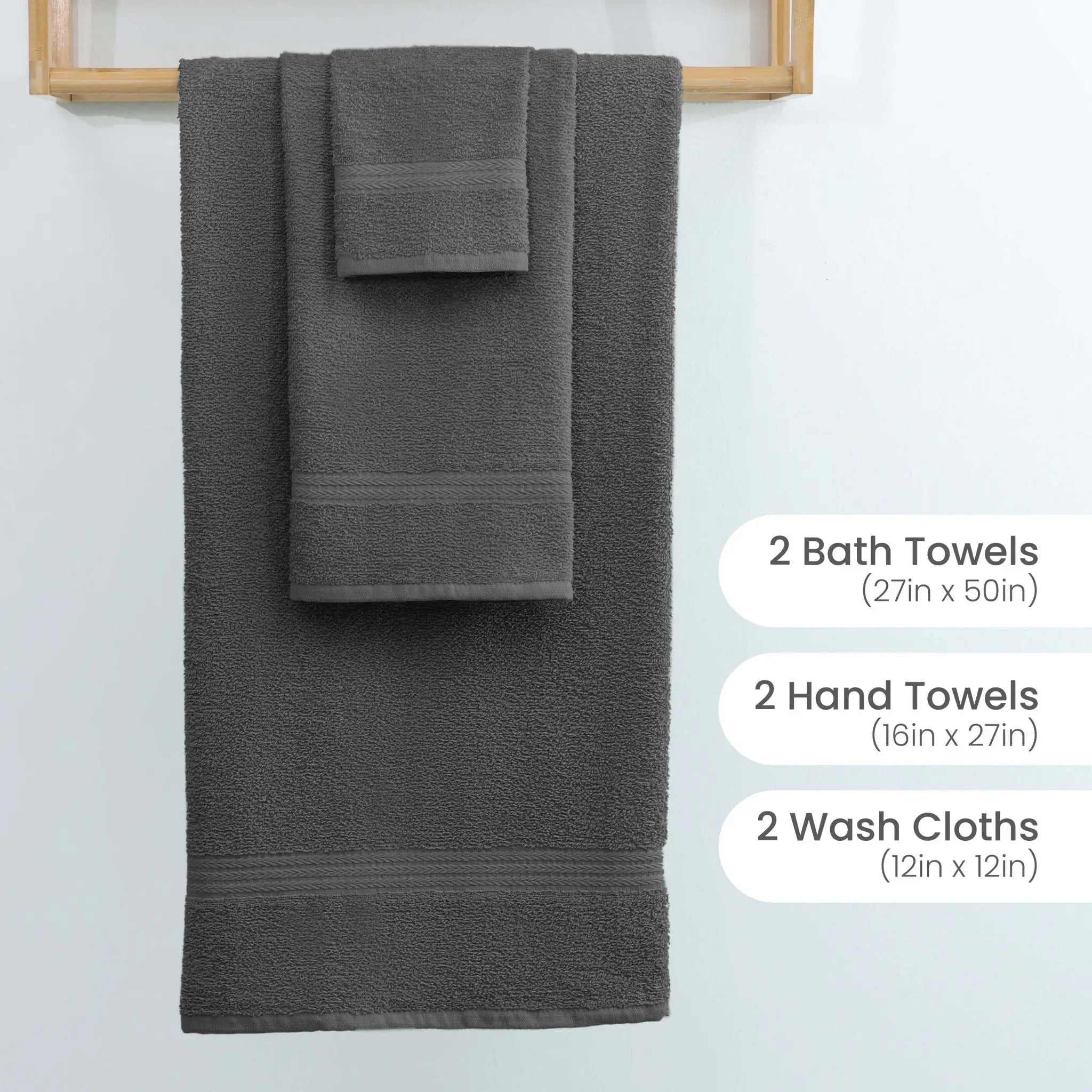 Set of charcoal towels including bath towels, hand towels, and wash cloths on a wooden rack with dimensions displayed.