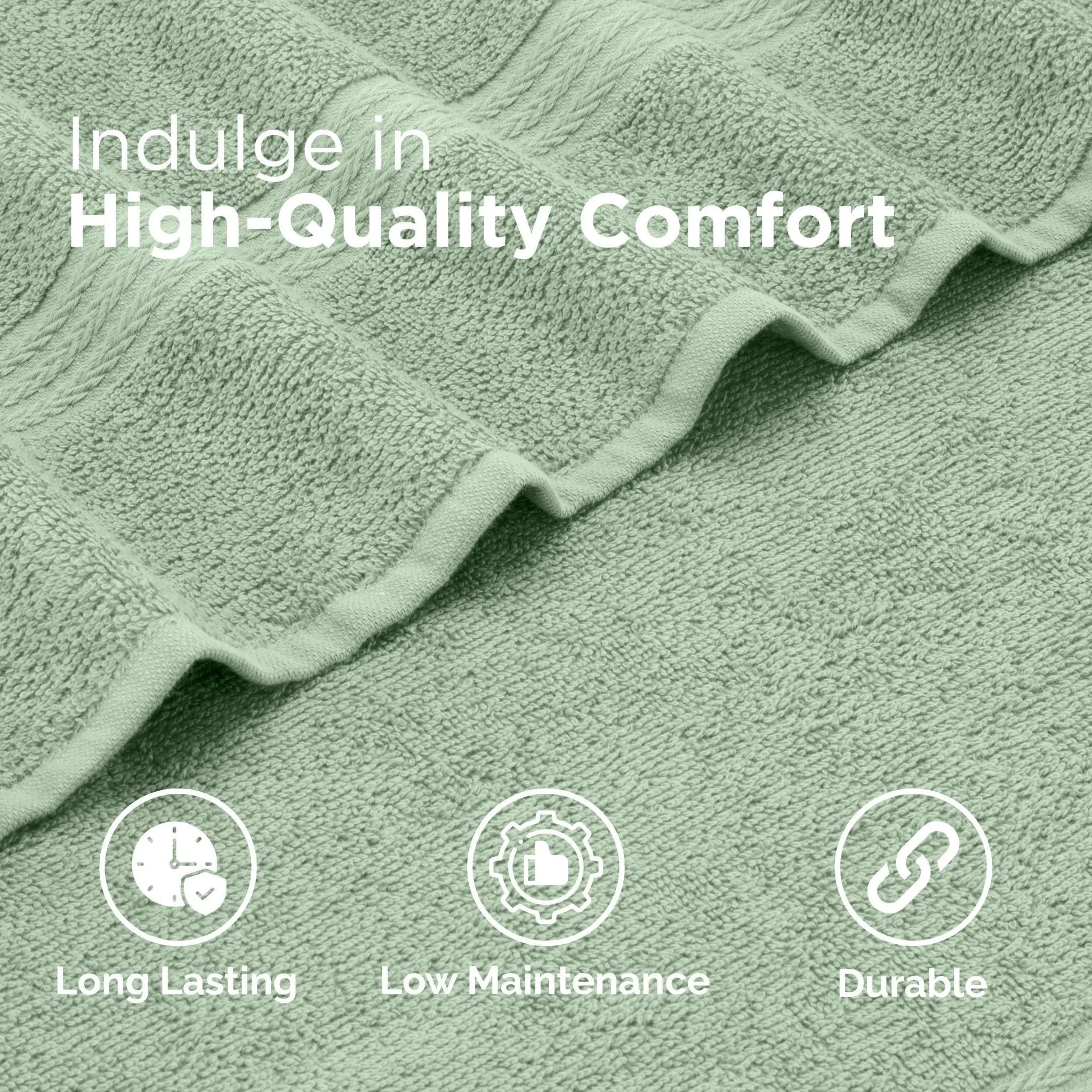Sage fabric with text 'Indulge in High-Quality Comfort' and icons for long-lasting, low-maintenance, and durable properties.