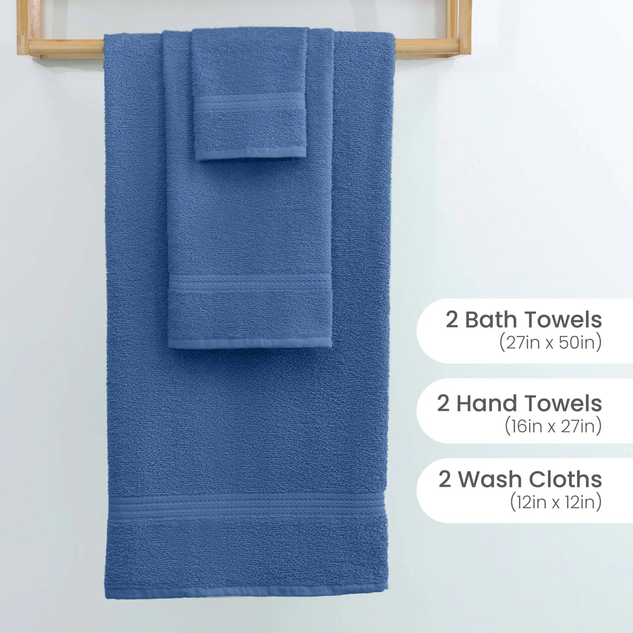 Set of blue towels including bath towels, hand towels, and wash cloths on a wooden rack with dimensions displayed.