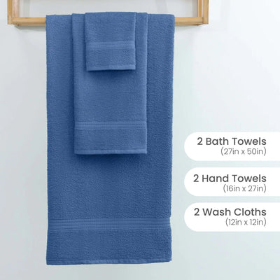Set of blue towels including bath towels, hand towels, and wash cloths on a wooden rack with dimensions displayed.