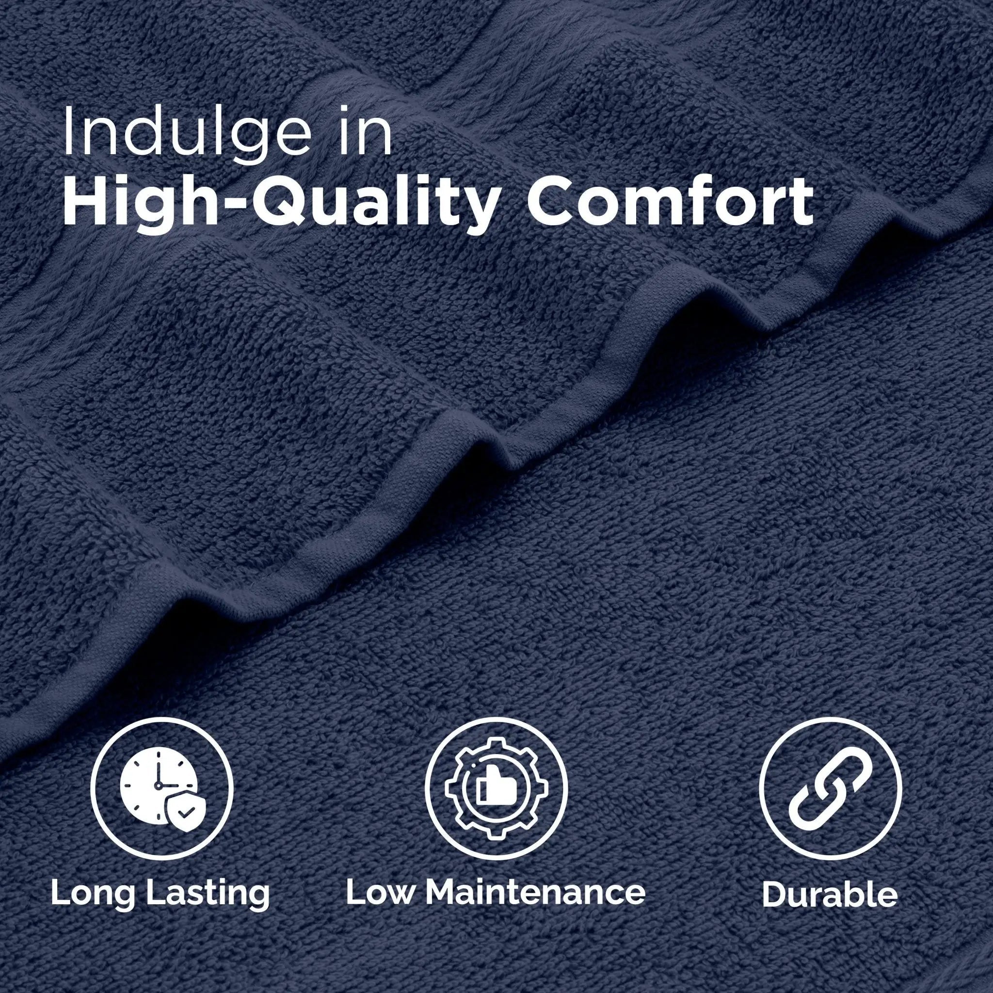 Navy towel with text 'Indulge in High-Quality Comfort' and icons for long-lasting, low-maintenance, and durable properties.