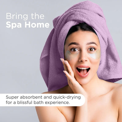Woman with a lilac towel on her head and eye masks, with text promoting a spa experience at home.