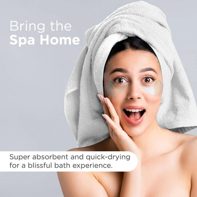 Woman with white towel on head and eye masks, text 'Bring the Spa Home' and product features.