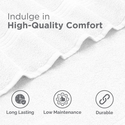 A close-up of a white textured fabric with a folded section showing its soft, plush surface. The text reads 'Indulge in High-Quality Comfort' with three icons below highlighting features: 'Long Lasting', 'Low Maintenance', and 'Durable'.