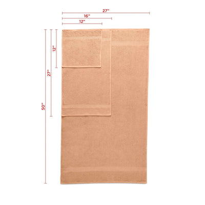 A peach-colored towel set shown flat on a white background with red dimension lines and labels indicating measurements.