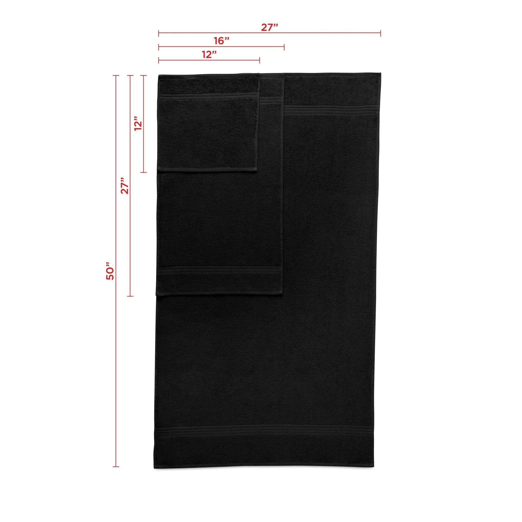 Black towel set with dimensions on a white background