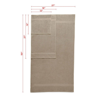 A beige towel set with dimension lines and red measurements.