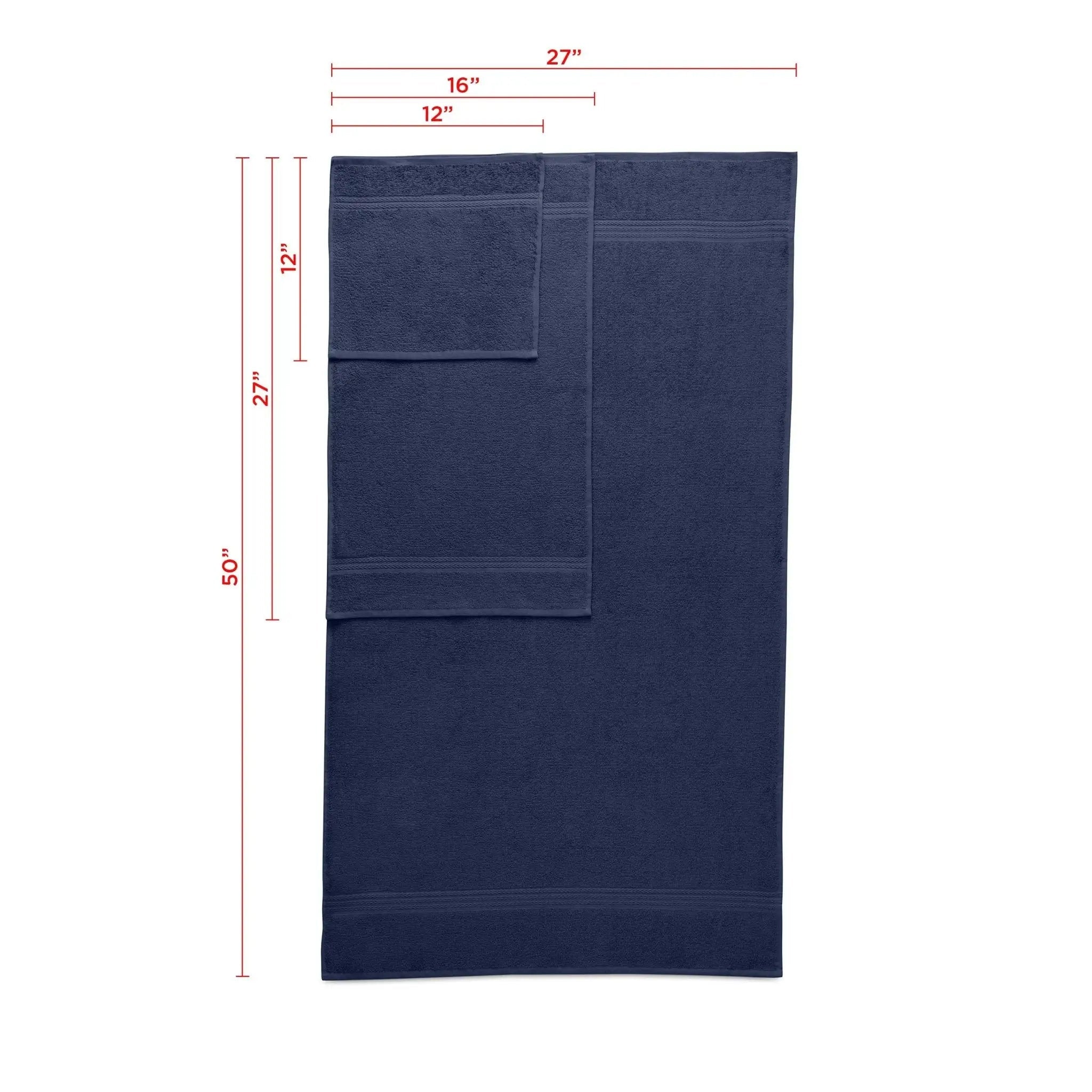 A navy towel set with dimension lines and measurements.