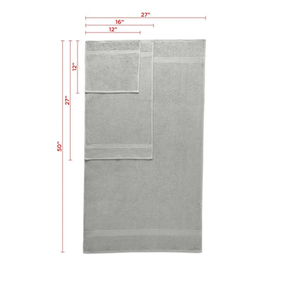 A gray towel set with dimension lines and measurements showing the sizes of two towel types on a white background.
