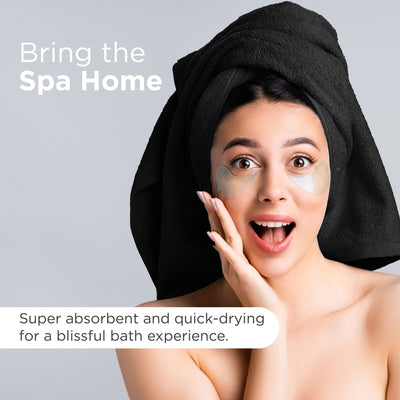 Woman with black towel on head and eye masks, text 'Bring the Spa Home' and product description.