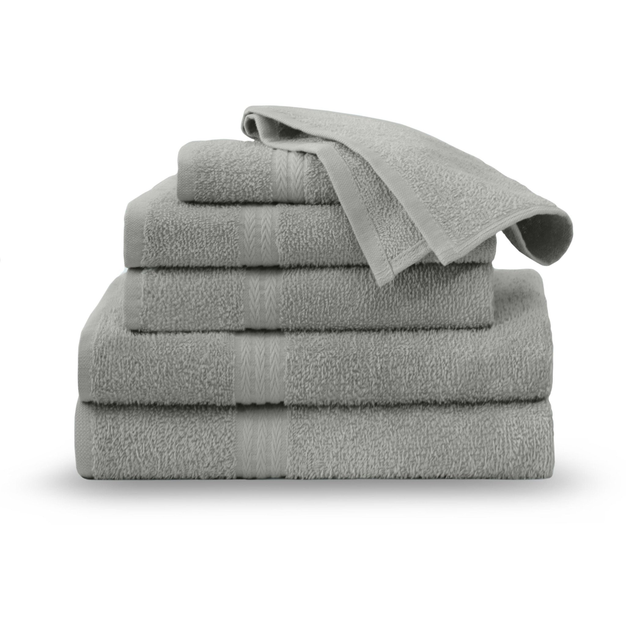 Stack of grey towels on a white background