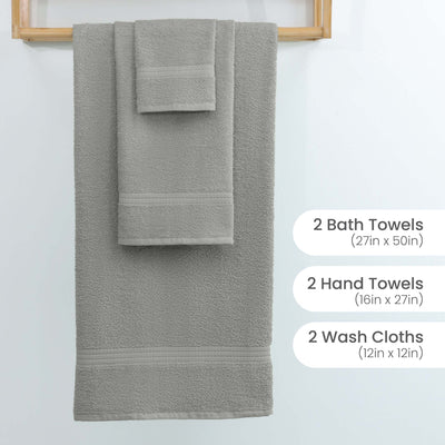 Set of gray towels including bath towels, hand towels, and wash cloths on a wooden rack against a white background.