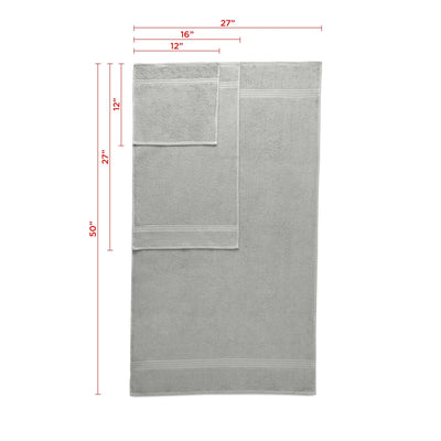 Gray towel with dimensions marked on a white background
