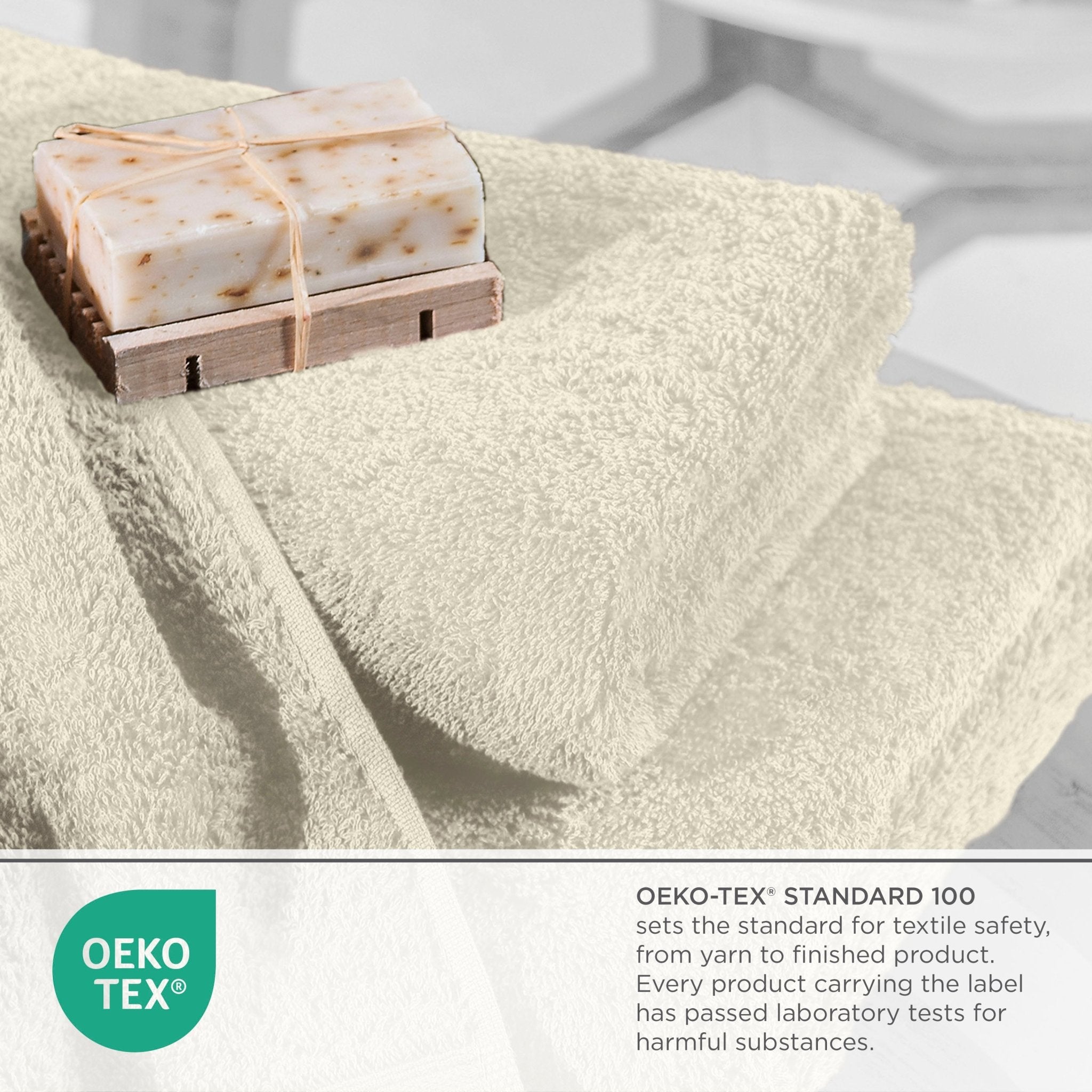 Bar of soap on a wooden soap dish with a ivory towel, featuring the OEKO-TEX logo.