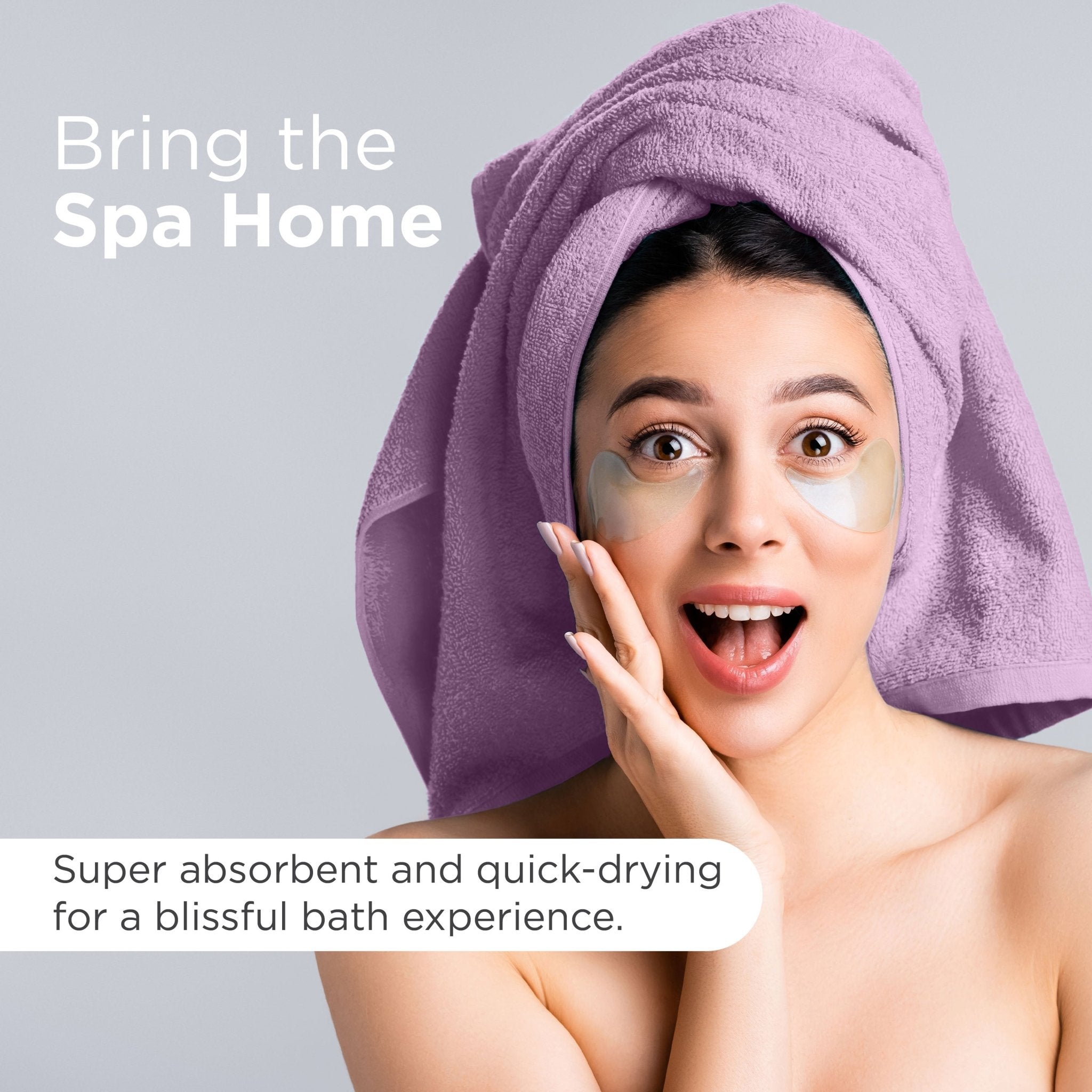Woman with a lilac towel on her head and eye masks, with text promoting a spa experience at home.