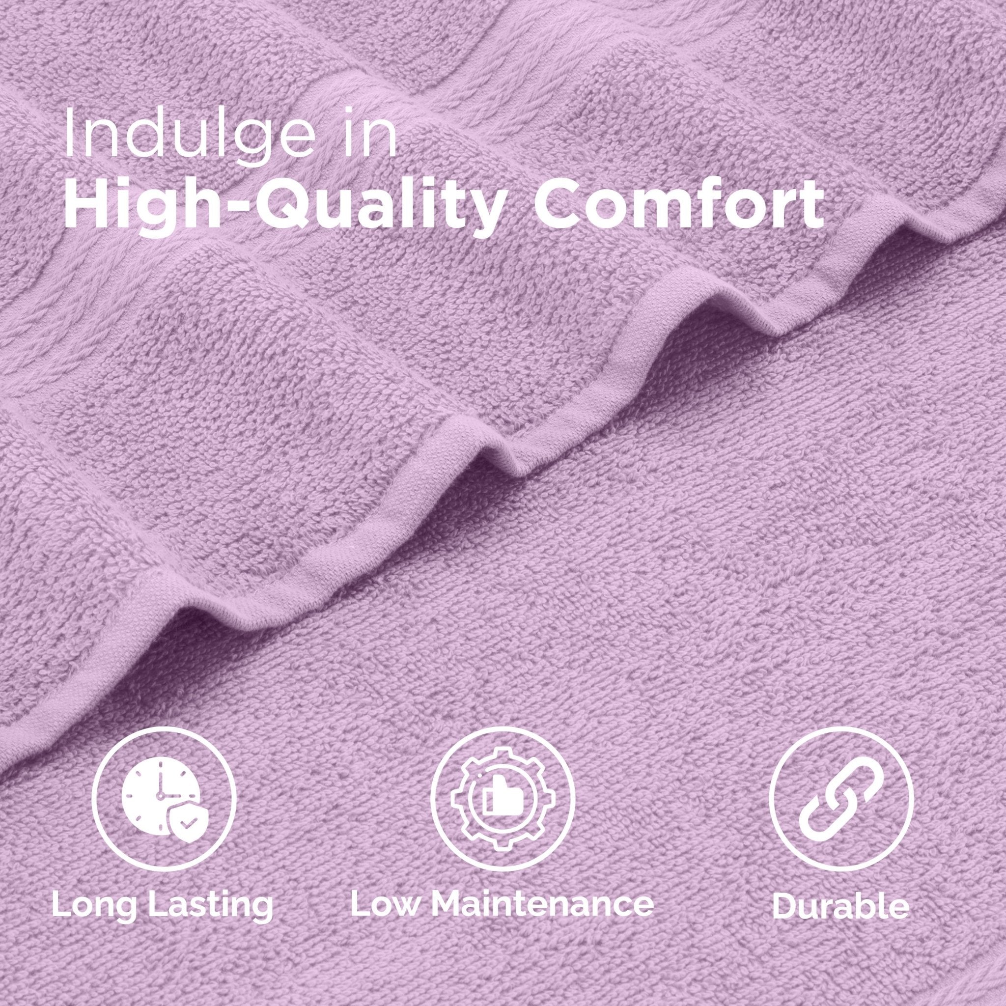 Lilac textured fabric with 'Indulge in High-Quality Comfort' text and icons indicating long-lasting, low-maintenance, and durable properties.