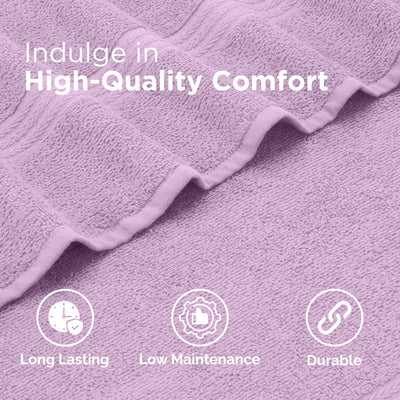 Lilac textured fabric with 'Indulge in High-Quality Comfort' text and icons indicating long-lasting, low-maintenance, and durable properties.