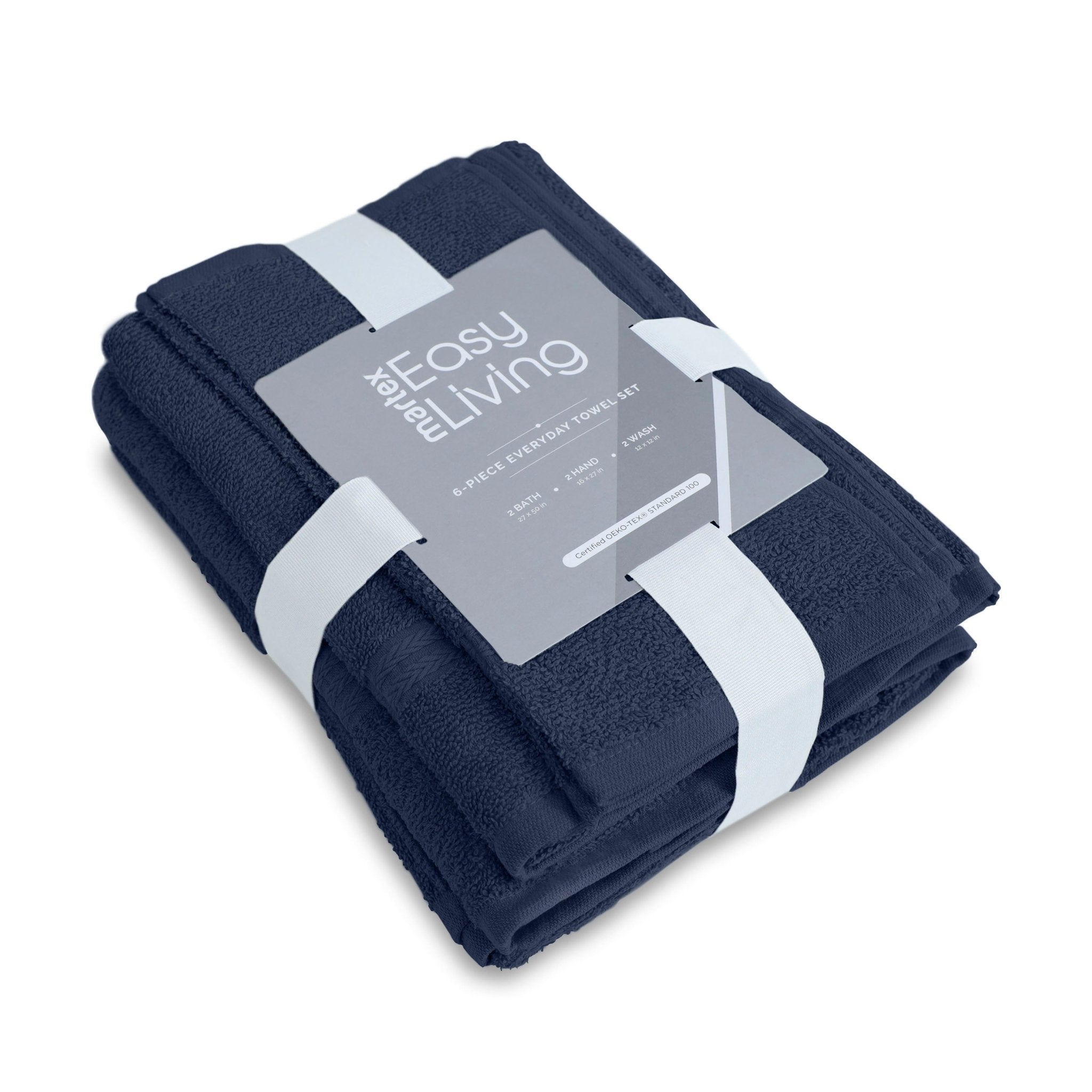 Folded navy blue towel with a label on a white background