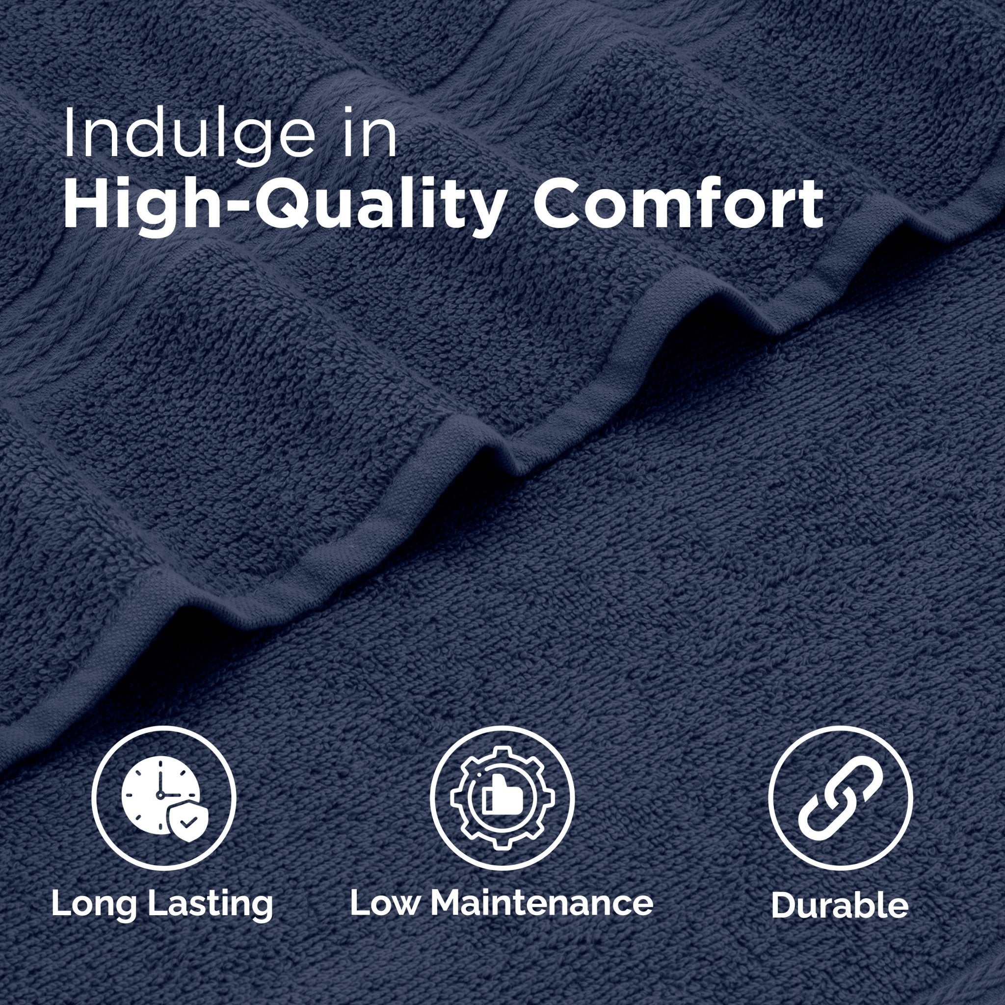 Navy blue towel with text 'Indulge in High-Quality Comfort' and icons for long-lasting, low-maintenance, and durable properties.
