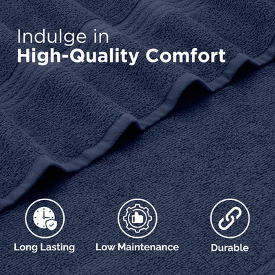 Navy blue towel with text 'Indulge in High-Quality Comfort' and icons for long-lasting, low-maintenance, and durable properties.