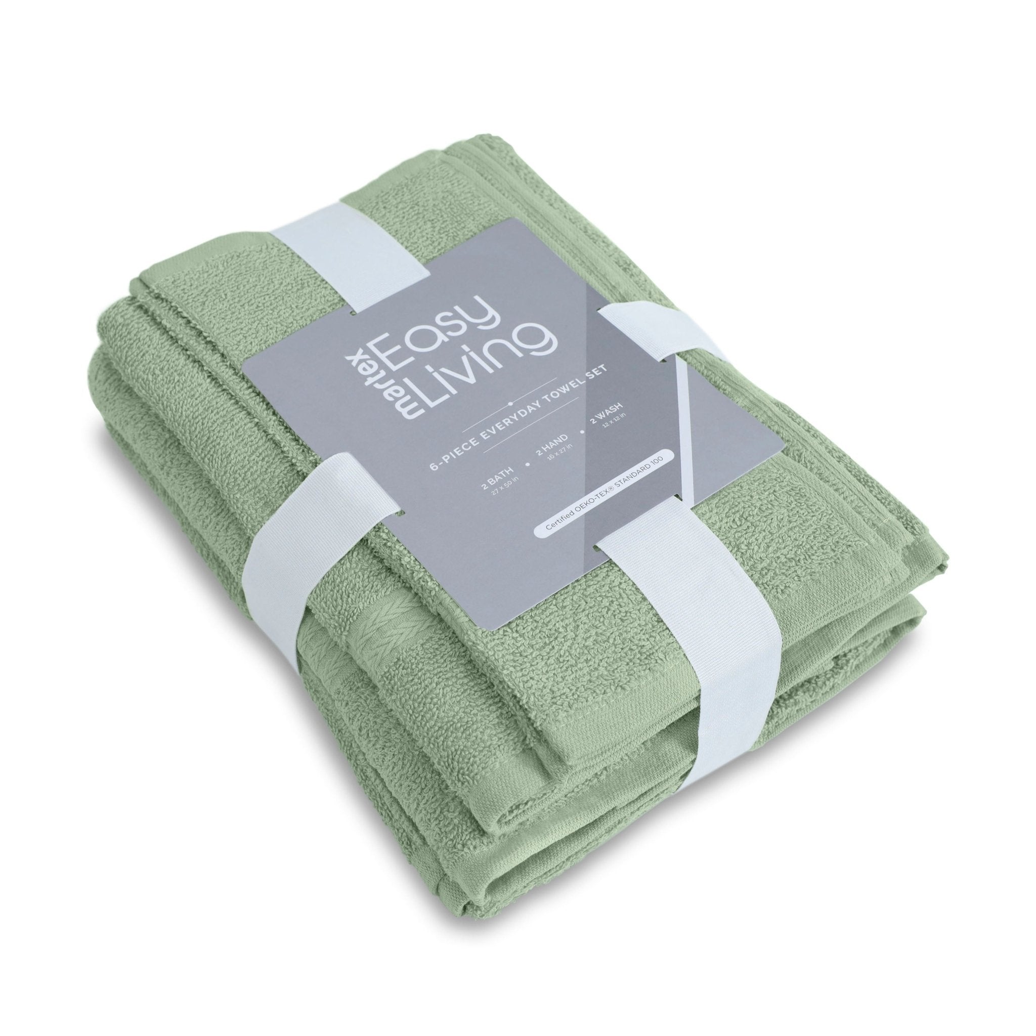 Folded green towel with 'Easy Living' label on a white background