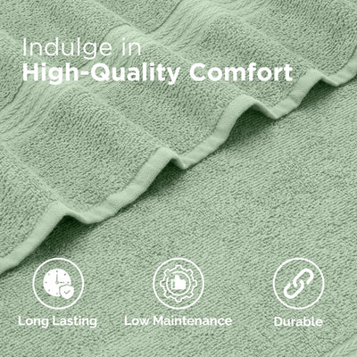 Green fabric with text 'Indulge in High-Quality Comfort' and icons for long-lasting, low-maintenance, and durable properties.