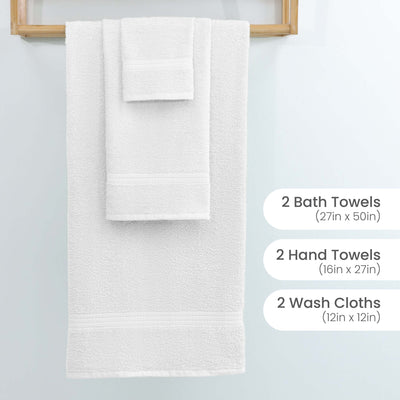 Set of white towels including bath towels, hand towels, and wash cloths on a wooden rack with dimensions displayed.