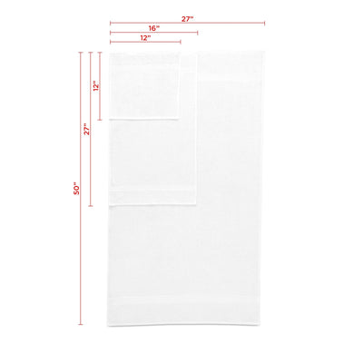 White towel set with dimensions labeled on a white background