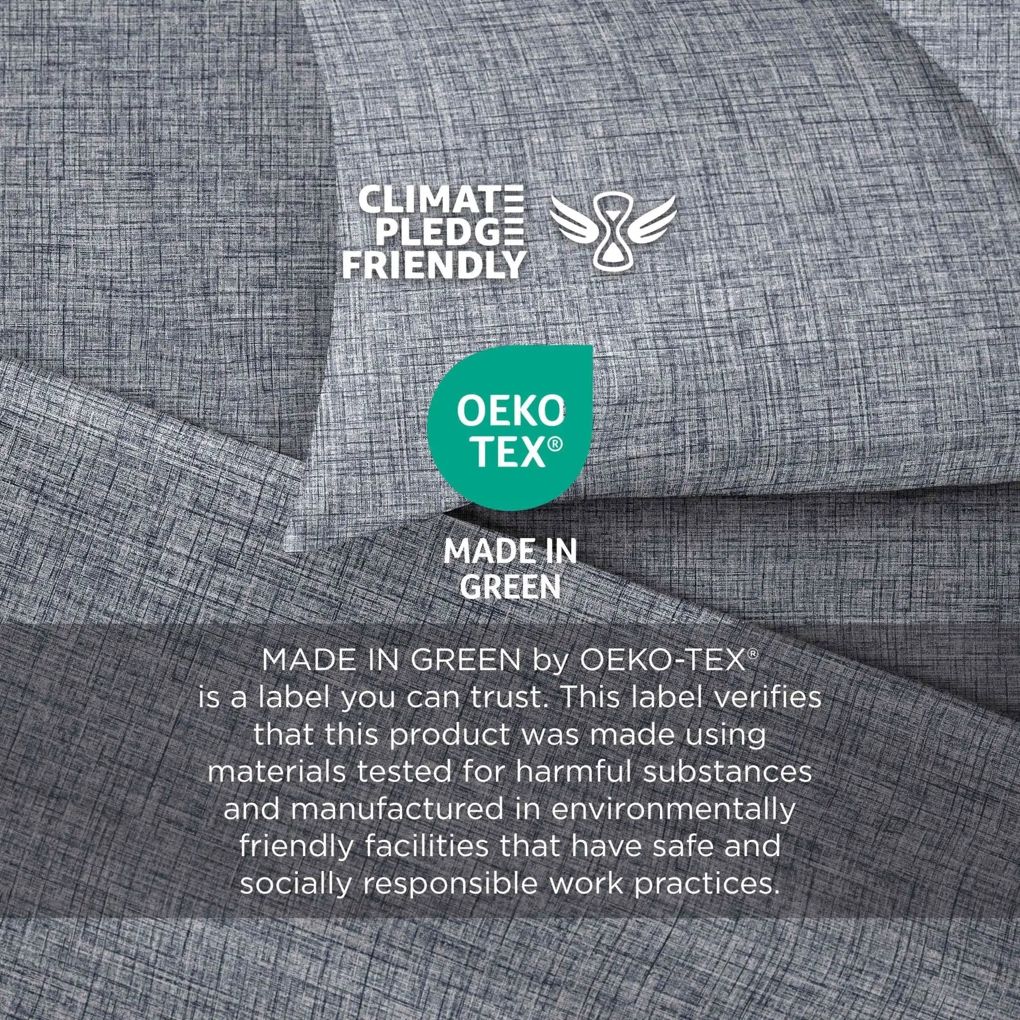 Close-up of gray textured fabric with printed certification logos and text including Climate Pledge Friendly, OEKO-TEX, and Made in Green.