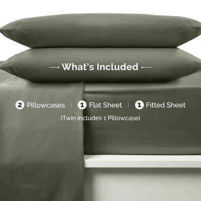Set of green bed sheets with pillowcases on a white background