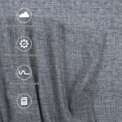 Close-up of blue fabric with text labels indicating features like 'Brushed for Softness', 'Effortless Maintenance', 'Wrinkle Resistant', and 'Easy Care'.