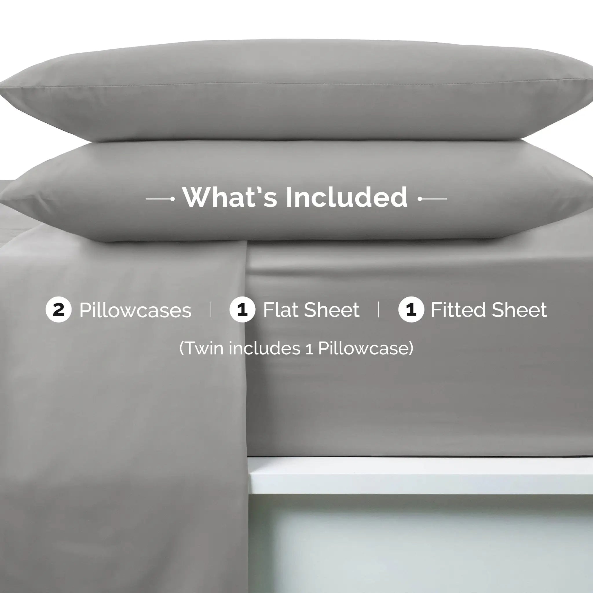 Gray bedding set with pillowcases and sheets on a white background