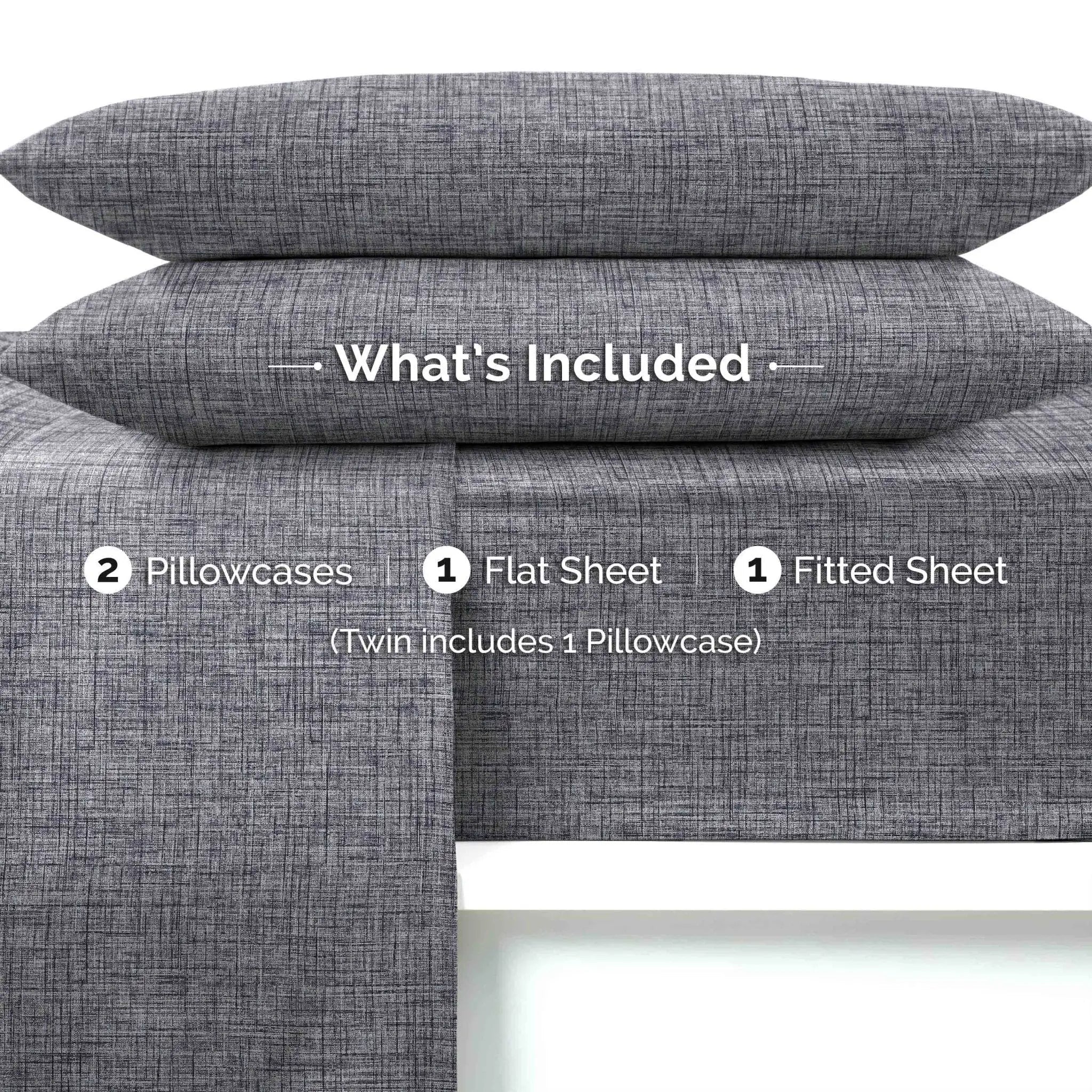 Gray textured bedding set with pillowcases and sheets on a white background
