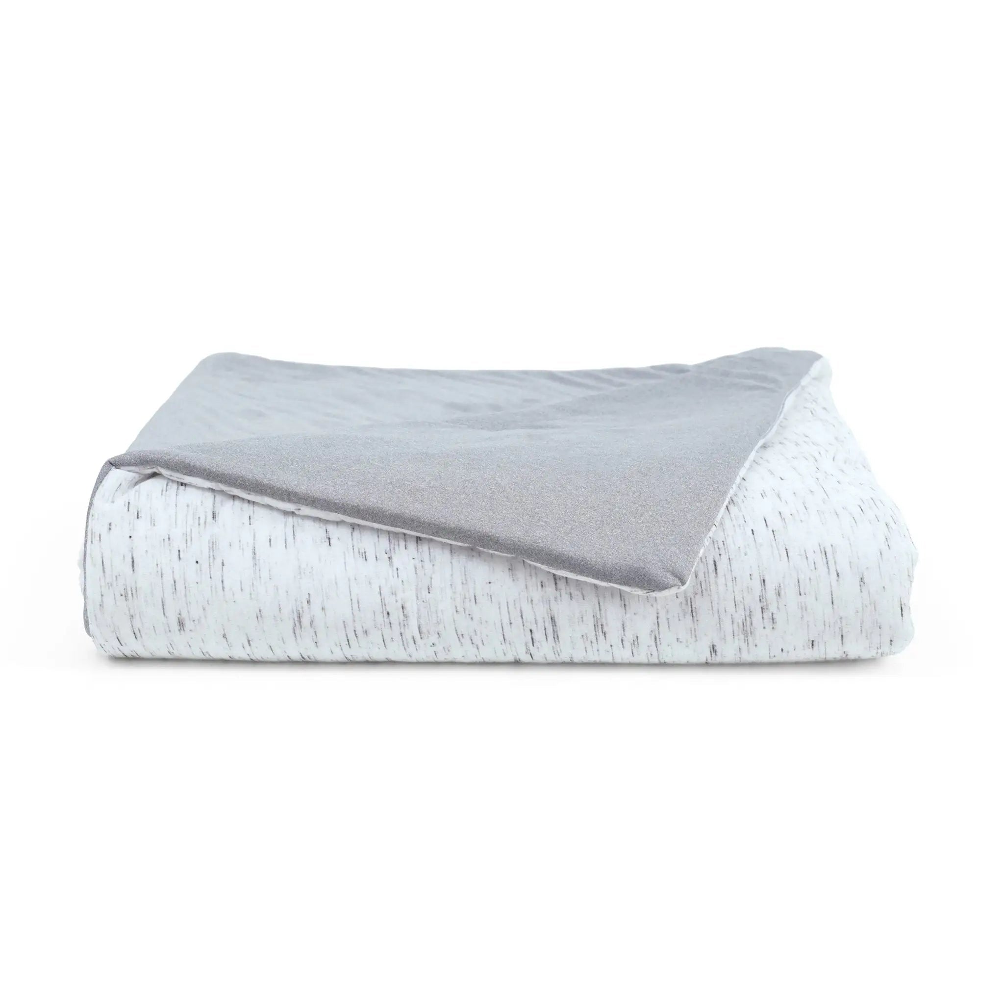 Gray and white textured comforter on a white background