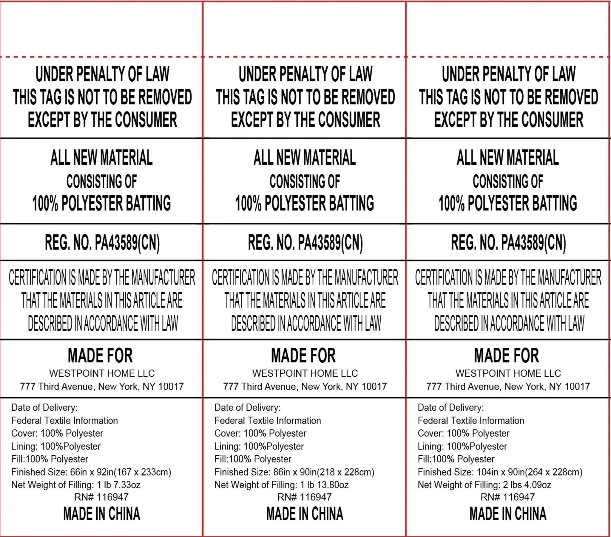A square product information card with a white background and red dashed border.